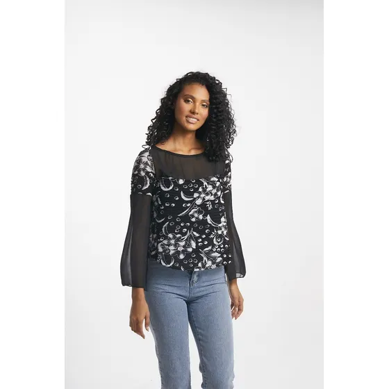 Blusa Negra Tejida Manga Y Canesu Chiffon  Saints Clothes
