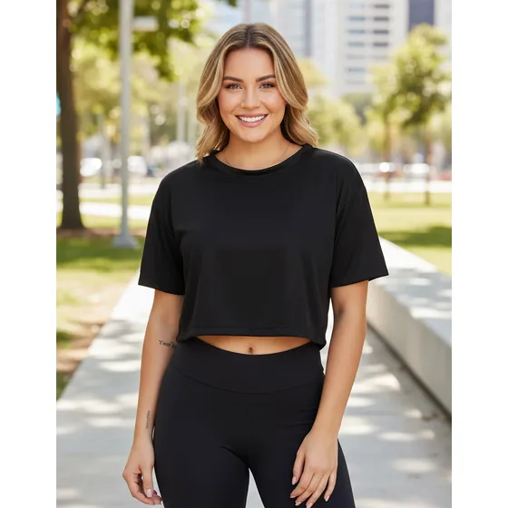 Cropped Manga Curta Oversized Feminino Dry Proteção Uv Blusa