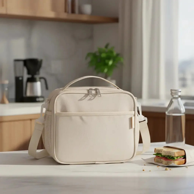 Bolsa lancheira térmica Gocase Play na cor off white sobre uma mesa de cozinha com um lanche ao lado