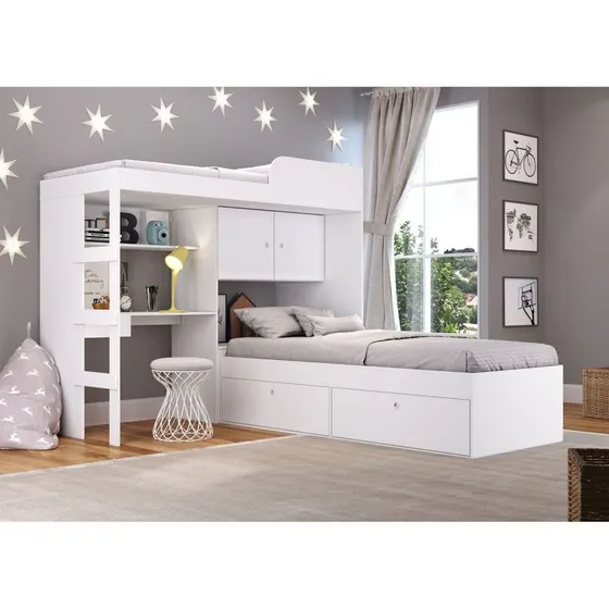 Quarto Juvenil Com Cama Alta Lion E Cama Tókio Branco