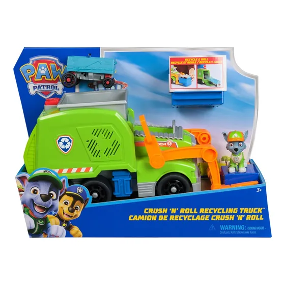 Paw Patrol: Crush N Roll Recycling Truck Con Figura De Acción De Rocky Y Vehículo De Basura Compactada Transformable, Juguetes Para Niños Y Niñas A Partir De 3 Años