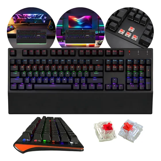 Teclado Mecânico Gamer Luminoso Led Rgb Switch Red Pc Usb