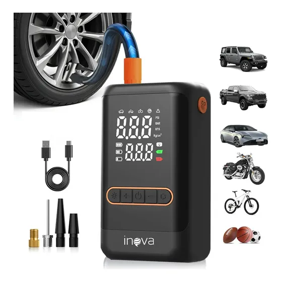 Calibrador De Pneu Portátil, Compressor De Ar 150 Psi, Bomba De Pneu Inflator 60w Com Led E Display, Mini Car Air Pump Com Detecção De Pressão, Auto Stop E Usb-c Para Carro,, Bicicleta E Bola