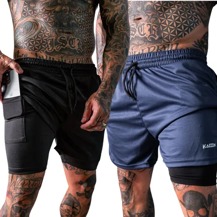 Kit 2 Shorts 2 Em 1 Masculino Dryfit Academia Azul E Preto Liso M