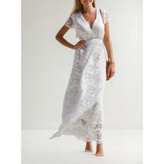 Maxi Vestido Blanco Largo Encaje Boda Fiesta Playa Casual