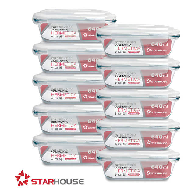 Kit 10 Potes Vidro 640ml Hermético Marmita Forno Refratário Star House Kit 10 Potes Vidro 640ml Hermético Marmita Forno Refratário Star House