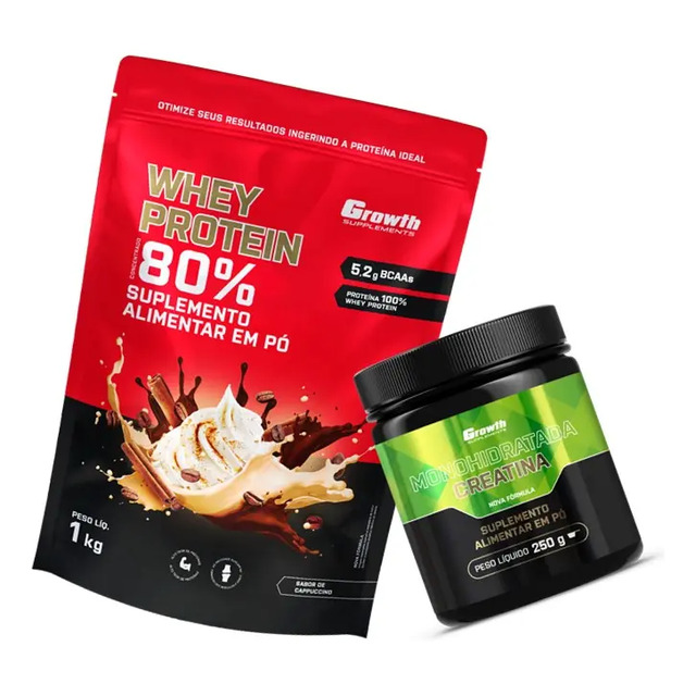 Kit Growth: Whey Protein Capuccino 1kg + Creatina Monohidratada 250g Sem Sabor Kit Growth: Whey Protein Capuccino 1kg + Creatina Monohidratada 250g Sem Sabor