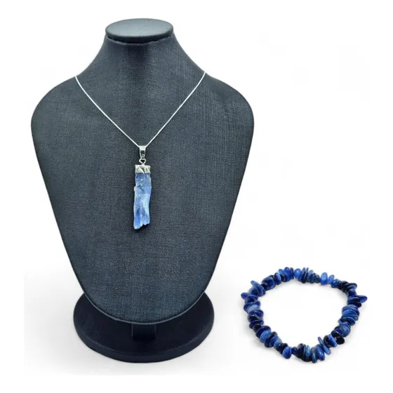 Kit Colar E Pulseira Cianita Azul Espada São Miguel Proteção