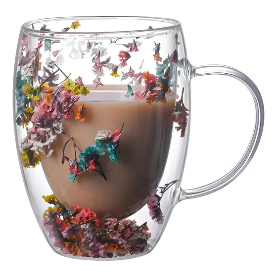 Taza Creativa De Vidrio De Doble Pared Con Flor Seca Color Transparente Taza Doble Fondo Frio Caliente