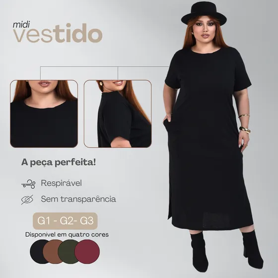 Vestido Feminino Plus Size Longo Casual Moderno Com Bolso