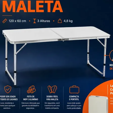 Mesa Dobrável Portátil Vira Maleta 3 Níveis de Altura Para Camping Praia Acampamento Jantar Cozinha Churrasco Branco