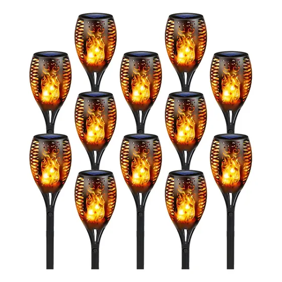 Kit 12 Luminárias Solar Para Jardim Tipo Tocha Efeito Chama Estrutura Preto 1.2