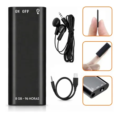 Mini Gravador Voz Som Digital Espião 96h Micro Escuta Nf 8gb Preto