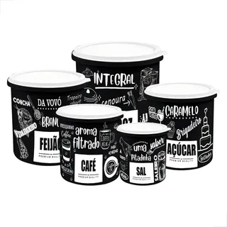 Kit 5 Potes De Mantimentos PlĂĄstico Decorado Preto Frases Kit 5 Potes De Mantimentos PlĂĄstico Decorado Preto Frases