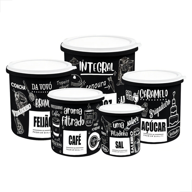 Kit 5 Potes De Mantimentos Plástico Decorado Preto Frases Kit 5 Potes De Mantimentos Plástico Decorado Preto Frases