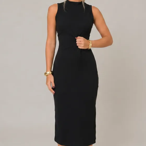 Vestido Midi Canelado Casual Básico Modelador Regata Casual