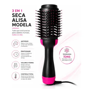 Escova Secadora Alisadora Modeladora Profissional 3 Em 1 Preto E Rosa 127v
