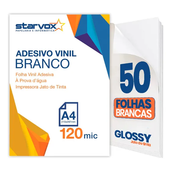 50 Adesivos Vinil Branco Brilho Jato De Tinta A4 Prova Dágua Starvox