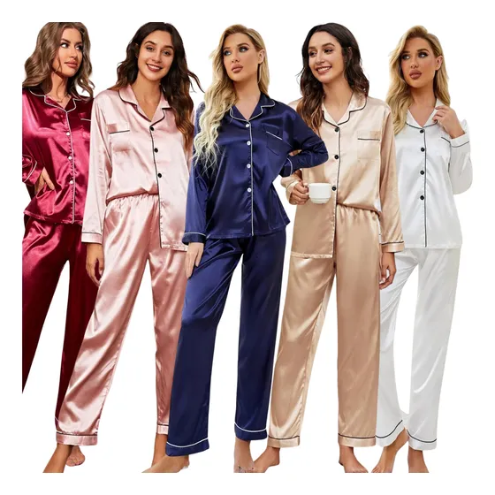Pijama Americano Feminino Cetim De Seda Inverno Calça Botão