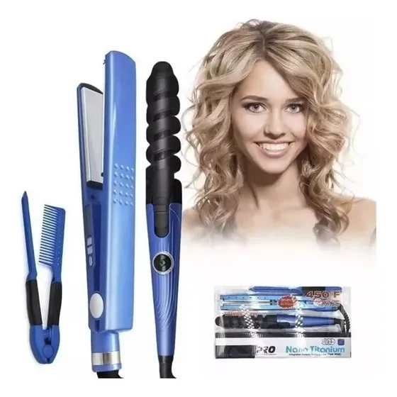 Kit Combo Plancha De Cabello Rizador Con Peine Nano Titanium
