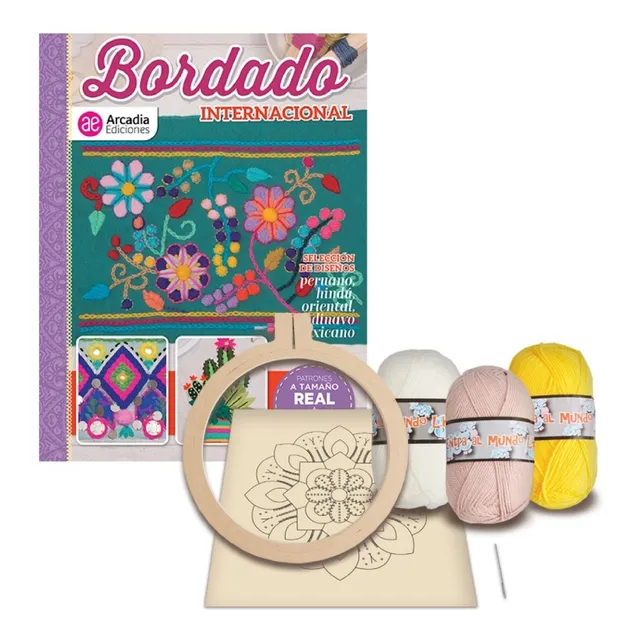  Libro Bordado + Lienzo Estampado Lana Aguja Y Bastidor Kit