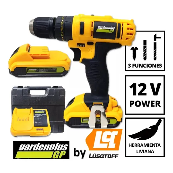 Taladro LH-199 Atornillador Percutor Gp Garden Plus De Lusqtoff 2 Baterias Inalambrico 12v Mandril 10mm Con Regulador De Velocidad