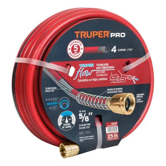 Manguera Ø 5/8 PuLG. X 25 Ml 4 Capas Con  Conexiones, Truper