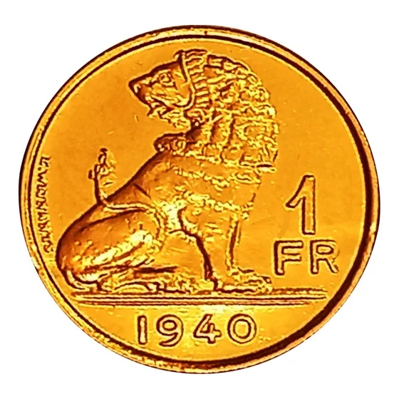 Bélgica Moneda De 1 Franc Del Año 1940 Con Baño Oro 24k