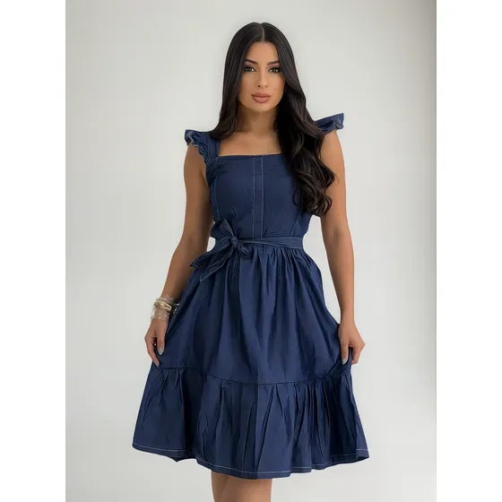 Vestido Jeans Tencel Evasê Midi Com Lacinho Lemon Blue