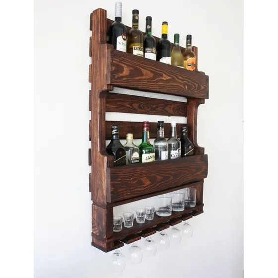 Estante Cava Bar De Pared Para Vinos Copas Madera Rústica Nogal