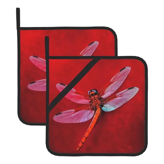 2 Soporte Para Olla Estampado Libelula Fondo Rojo Al 8