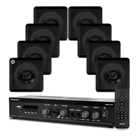 Kit Som Ambiente Supermercado Slim Controle 08 Arandelas Jbl Arandela Quadrada Preta 60 W Bivolt