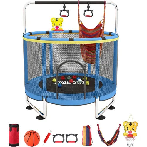ZCMHAXJ Trampolín Infantil De 55 Pulgadas Con Red De Seguridad, Aro De Baloncesto Y Altura Ajustable, Para Interior Y Exterior, Aguanta Hasta 150 Kg