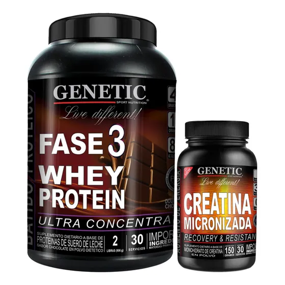 Potencia 100% F3 Whey Proteína Creatina Monohidrato Genetic Sabor Chocolate