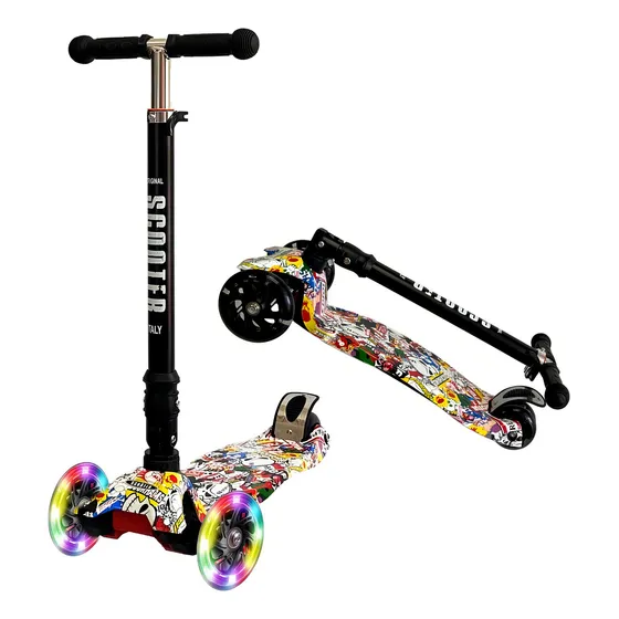 Monopatin Infantil Graffiti 3 Ruedas Marca Scooter Italy Plegable Flip Con Luces Reforzado Negro