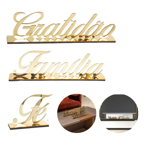 Kit Acrílico Dourado Família Gratidão Fé Quarto Sala Palavra