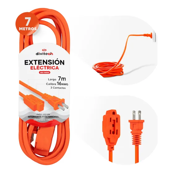 Extensión Eléctrica Uso Rudo Multicontacto 7 M. Cable De Cobre Cal.16 Awg. Divitech Color Naranja 3 Tomas De Corriente