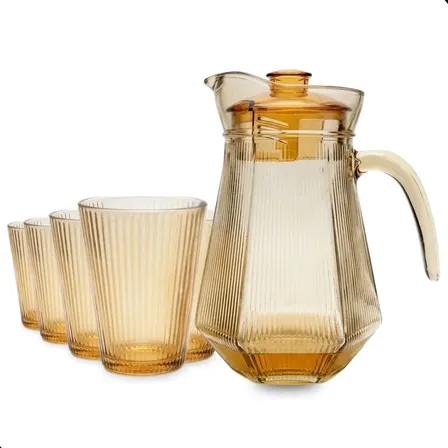 Jarra Com 6 Copos Vidro 7 Peças Kit Suco Água Bebidas Dourado