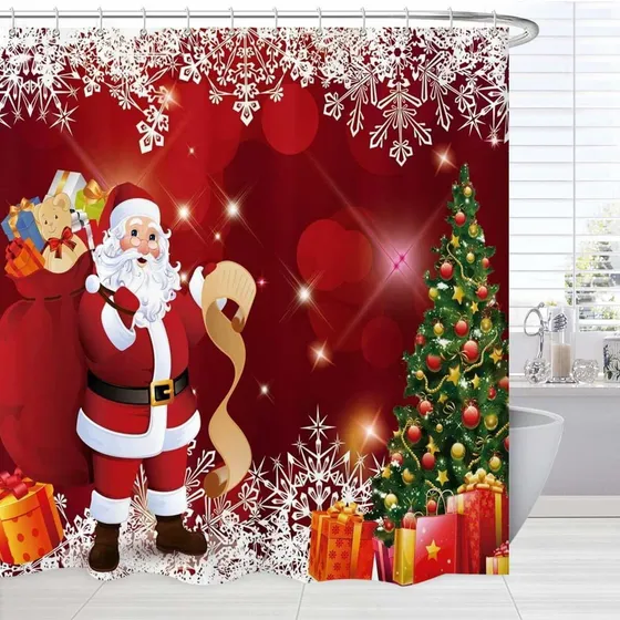 Broshan Cortina Ducha Navidad Roja Para Baño Arbol Papa Noel