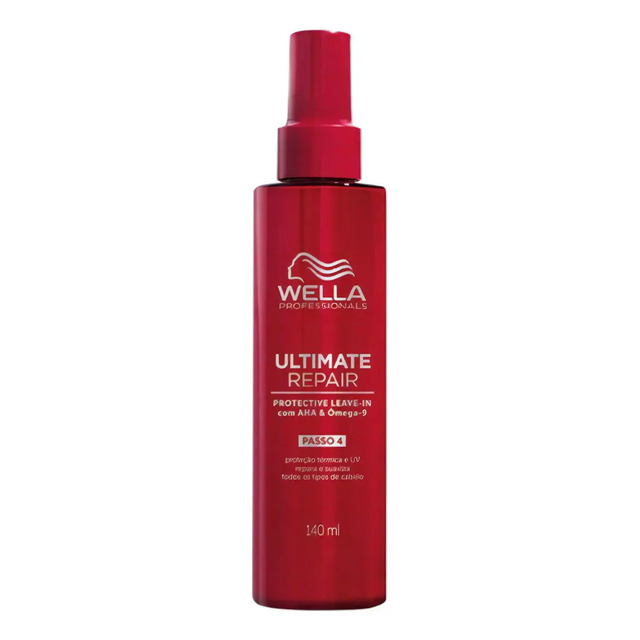 Frasco cilíndrico de 140ml do leave-in Wella Professionals Ultimate Repair na cor vermelha com tampa spray