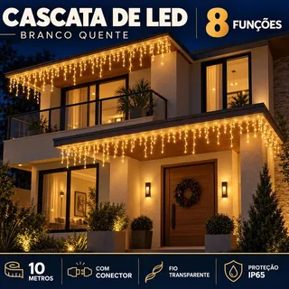 10m Cascata 400 Leds 8 Funções Luzes Natal Pisca Prova Dágua Branco-quente 110v