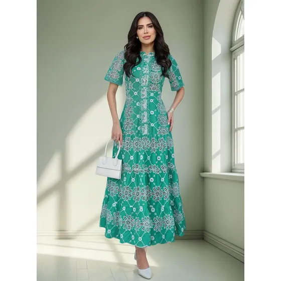 Vestido No Laise 100% Bordado Bicolor Barrado Forrado Maxmid