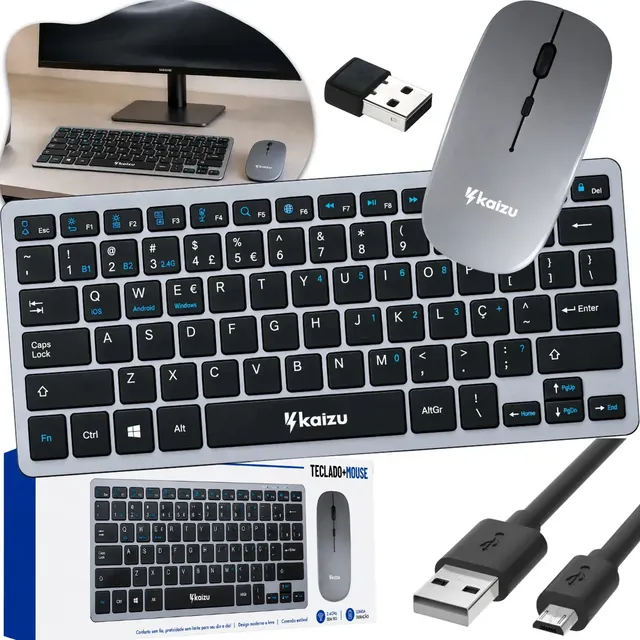 Kit Teclado E Mouse Sem Fio Slim Bluetooth Wireless 1600dpi Abnt Recarregável Notebook Tablet Kaizu Hk-8860 Cor Cinza