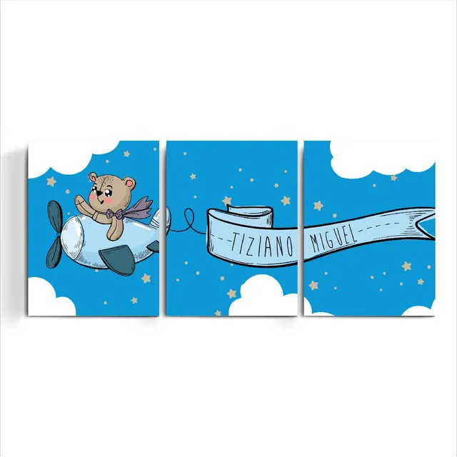 Cuadro Triptico Infantil Con Nombre Nene Bebe Varon Kids 