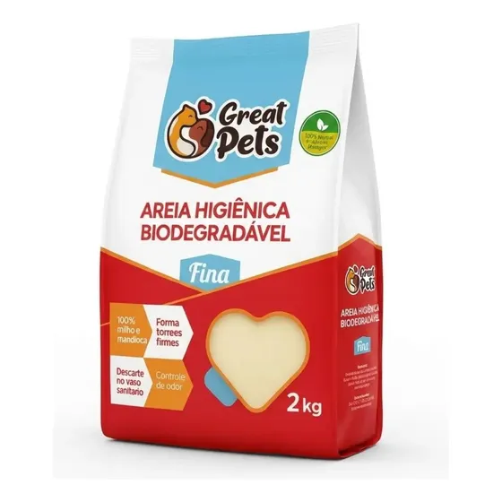 Areia Biodegradável de Milho e Mandioca Fina Great Pets 2kg