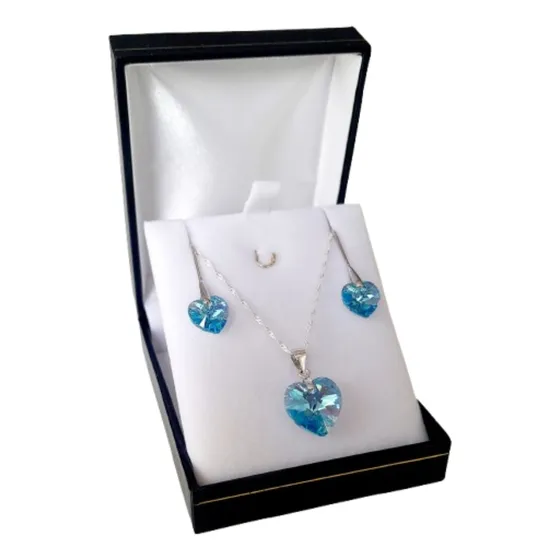 Set De Aros Y Collar Cristal Swarovski Corazón Aguamarina