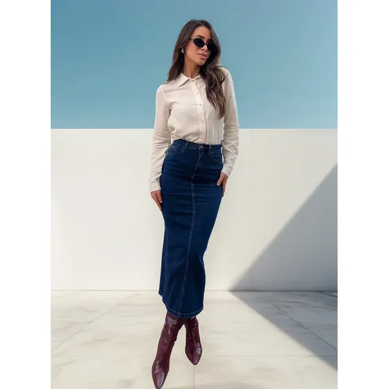 Saia Feminina Midi Jeans Com Fenda Atrás