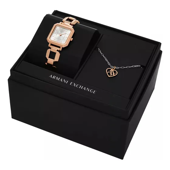 Set Collar Y Reloj Ax7167 Color Oro Rosa Armani Exchange Fondo Plateado