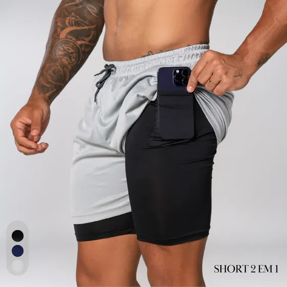 Short 2 Em 1 Masculino Academia Dupla Compreensão Bolso