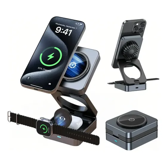 Carregador magnético sem fio 3 em 1 dobrável com refrigeração ativa Semiconductor Tec 15w Base de carga rápida para iPhone, Apple Watch, AirPods com ventilador integrado